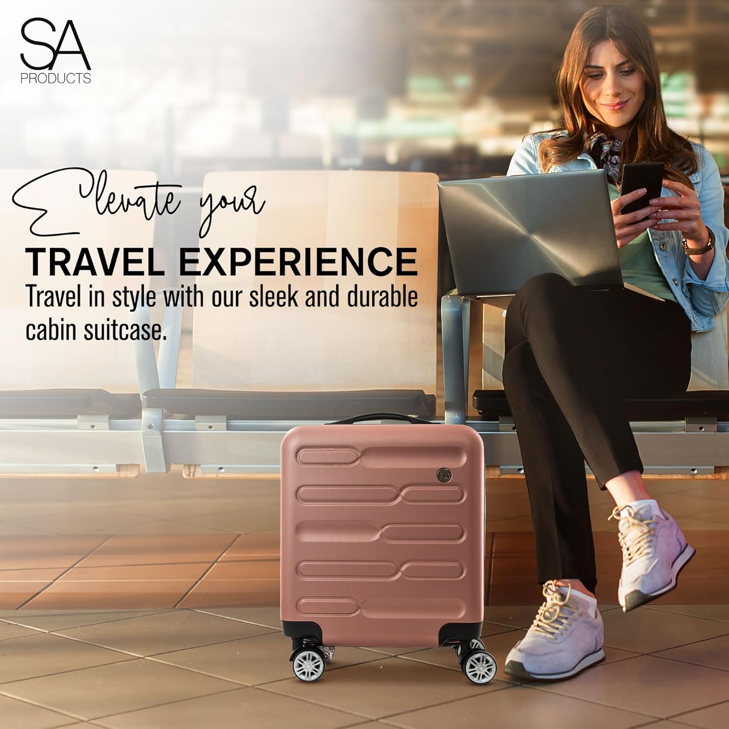 SA Products Rose Gold Cabin Suitcase 45x36x20cm - Lightweight Hardshell Carry On Luggage with 4 Spinner Wheels, Telescopic Handle - Cabin Bag with Divider Pocket, Travel Case with Spacious Interior-3