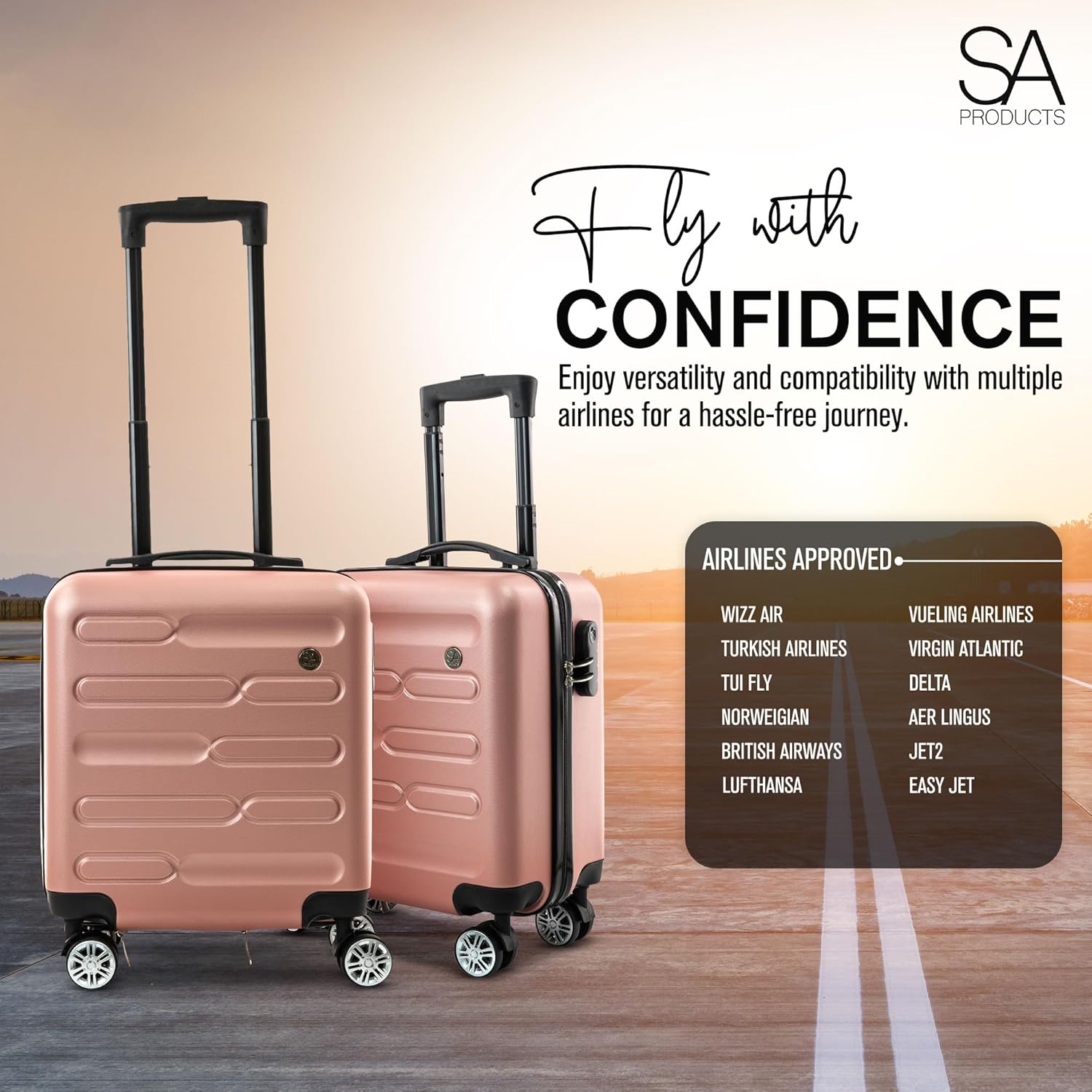 SA Products Rose Gold Cabin Suitcase 45x36x20cm - Lightweight Hardshell Carry On Luggage with 4 Spinner Wheels, Telescopic Handle - Cabin Bag with Divider Pocket, Travel Case with Spacious Interior-4