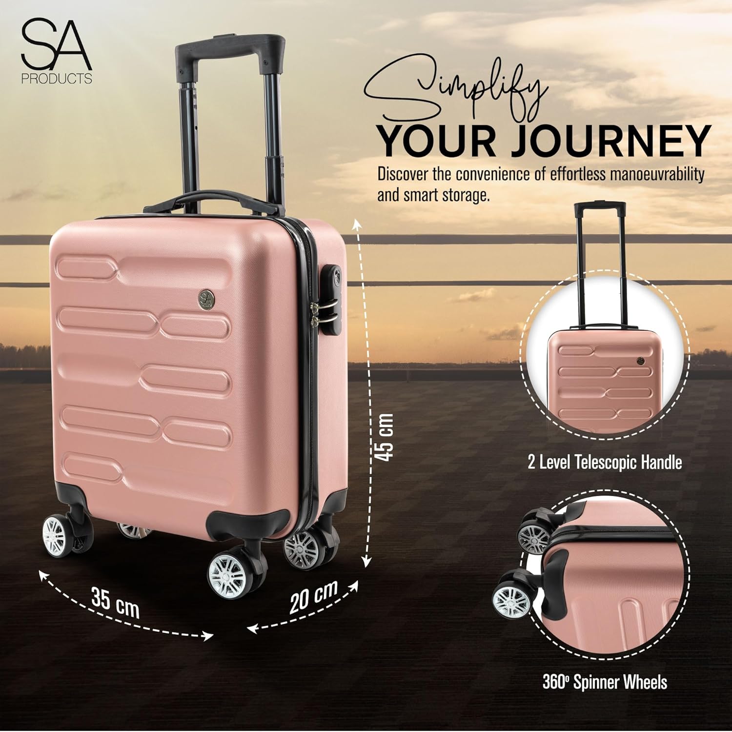 SA Products Rose Gold Cabin Suitcase 45x36x20cm - Lightweight Hardshell Carry On Luggage with 4 Spinner Wheels, Telescopic Handle - Cabin Bag with Divider Pocket, Travel Case with Spacious Interior-5