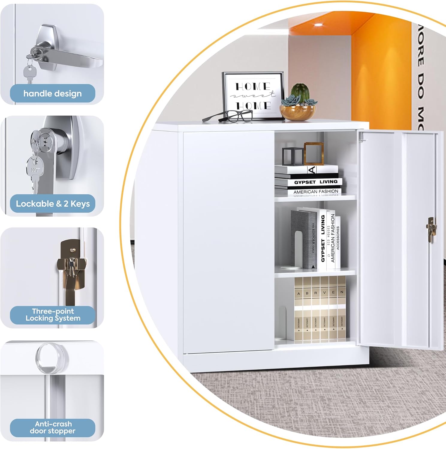 SUPEER Metal Storage Cabinet with Locking Doors & Shelves,Lockable Steel Storage Cabinet with 2 Adjustable Shelves,Home,Office,H90.00xW80.00xD40.00cm Assembly Required(White)-4