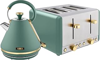 Tower Cavaletto Kitchen Set, 1.7L Rapid Boil Kettle & 4 Slice Toaster, Jade and Champagne Gold, T10044JDE, T20051JDE