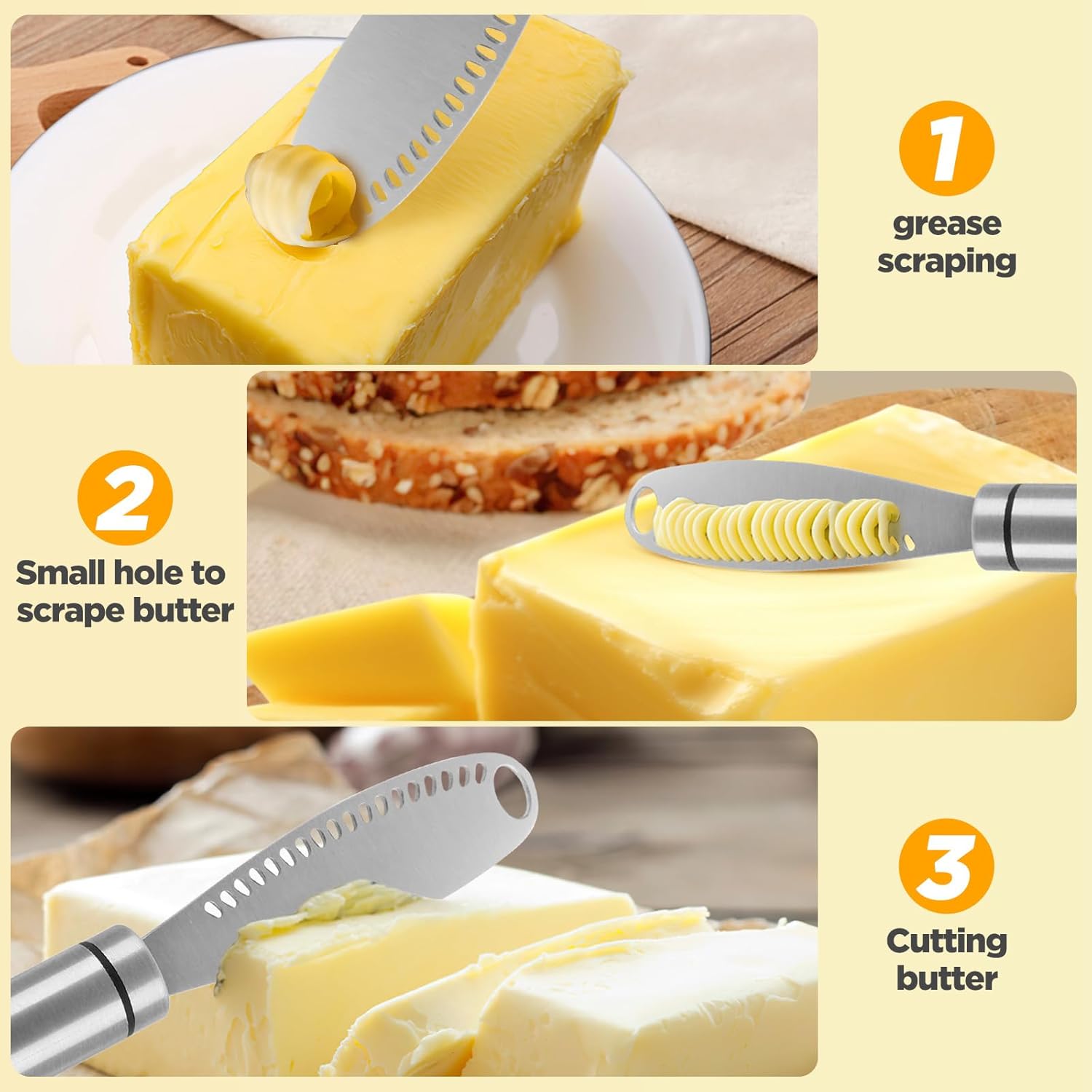 Butter Knife, 3 in 1 Stainless Steel Butter Knives Butter Spreader with Serrated Edges and Scraping Easy Spread for Cutting and Spreading Butter Cheese Peanut Butter Jam（stainless steel handle）-3