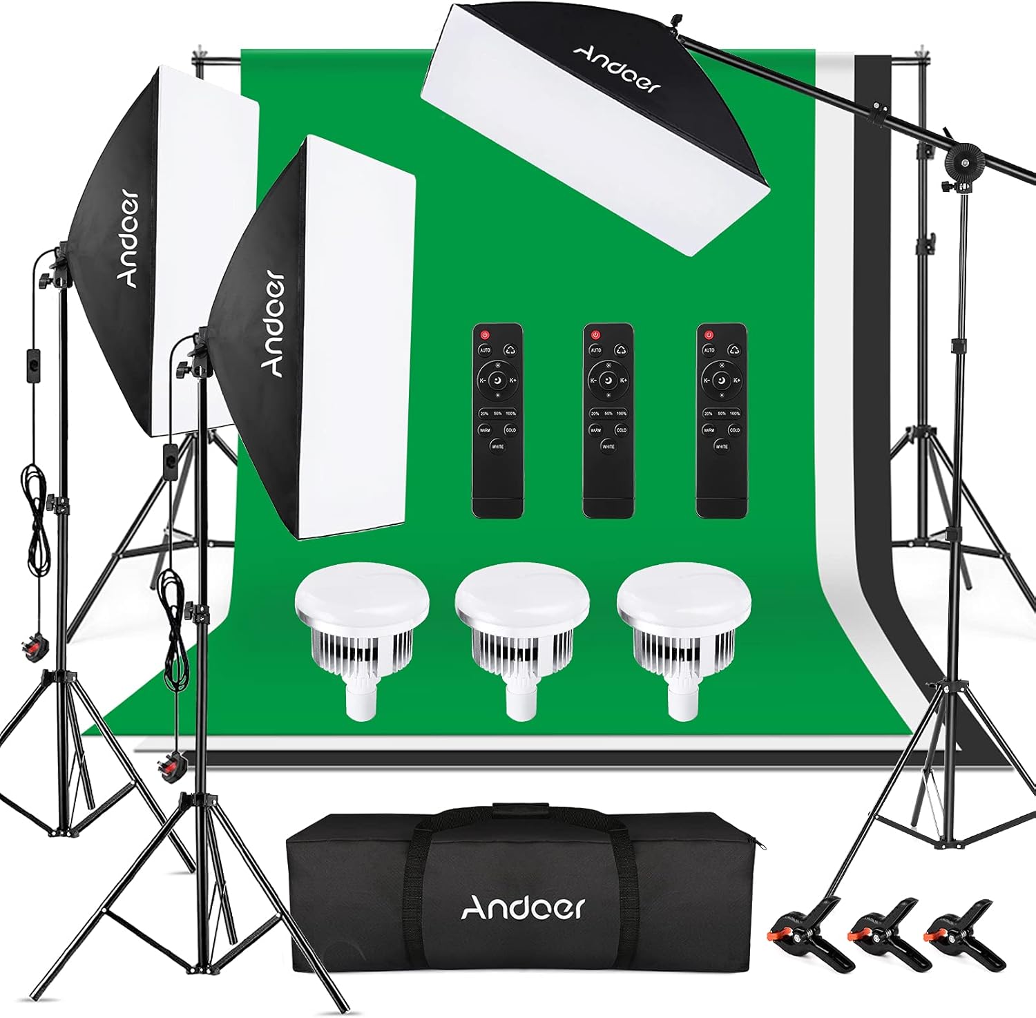 Andoer Softbox Photography Lighting Kit 50*70cm with Dimmable Bi-color Bulb(2700K-5700K,85W),Boom Arm,Remote Control,Backdrop&Stand - Ideal for Studio,Live Streaming,Portraits,Product Photos - 3 Sets-0