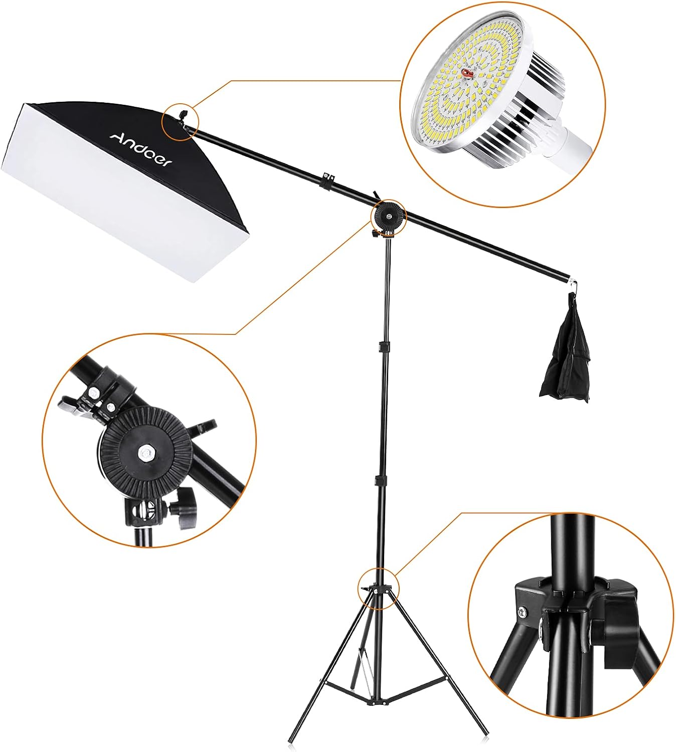 Andoer Softbox Photography Lighting Kit 50*70cm with Dimmable Bi-color Bulb(2700K-5700K,85W),Boom Arm,Remote Control,Backdrop&Stand - Ideal for Studio,Live Streaming,Portraits,Product Photos - 3 Sets-5