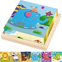 Wooden Jigsaw Puzzle for Kids, 6 in 1 Animal Puzzle 3D Wooden Cube Block Toys for Toddlers Over 1 2 3 Year Olds, Baby Montessori Preschool Educational Learning Toys, Children Handmade Toys