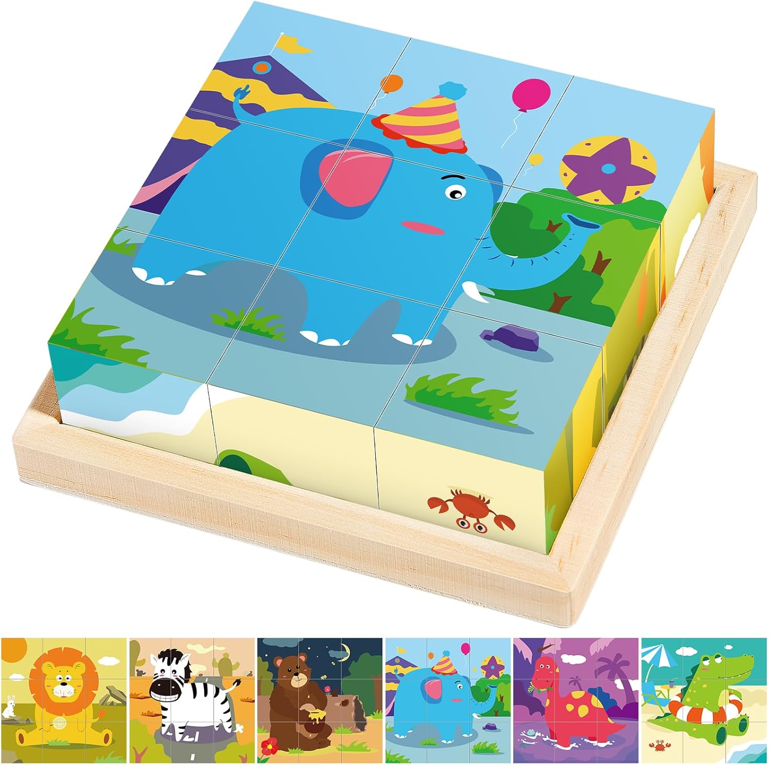 Wooden Jigsaw Puzzle for Kids, 6 in 1 Animal Puzzle 3D Wooden Cube Block Toys for Toddlers Over 1 2 3 Year Olds, Baby Montessori Preschool Educational Learning Toys, Children Handmade Toys-0