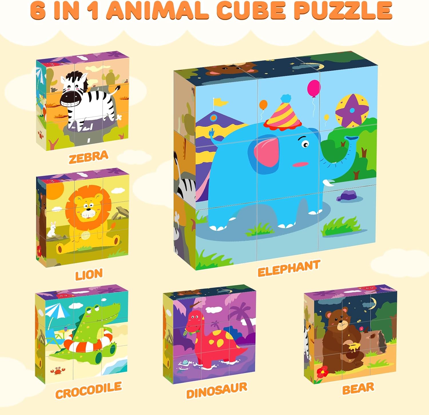 Wooden Jigsaw Puzzle for Kids, 6 in 1 Animal Puzzle 3D Wooden Cube Block Toys for Toddlers Over 1 2 3 Year Olds, Baby Montessori Preschool Educational Learning Toys, Children Handmade Toys-1