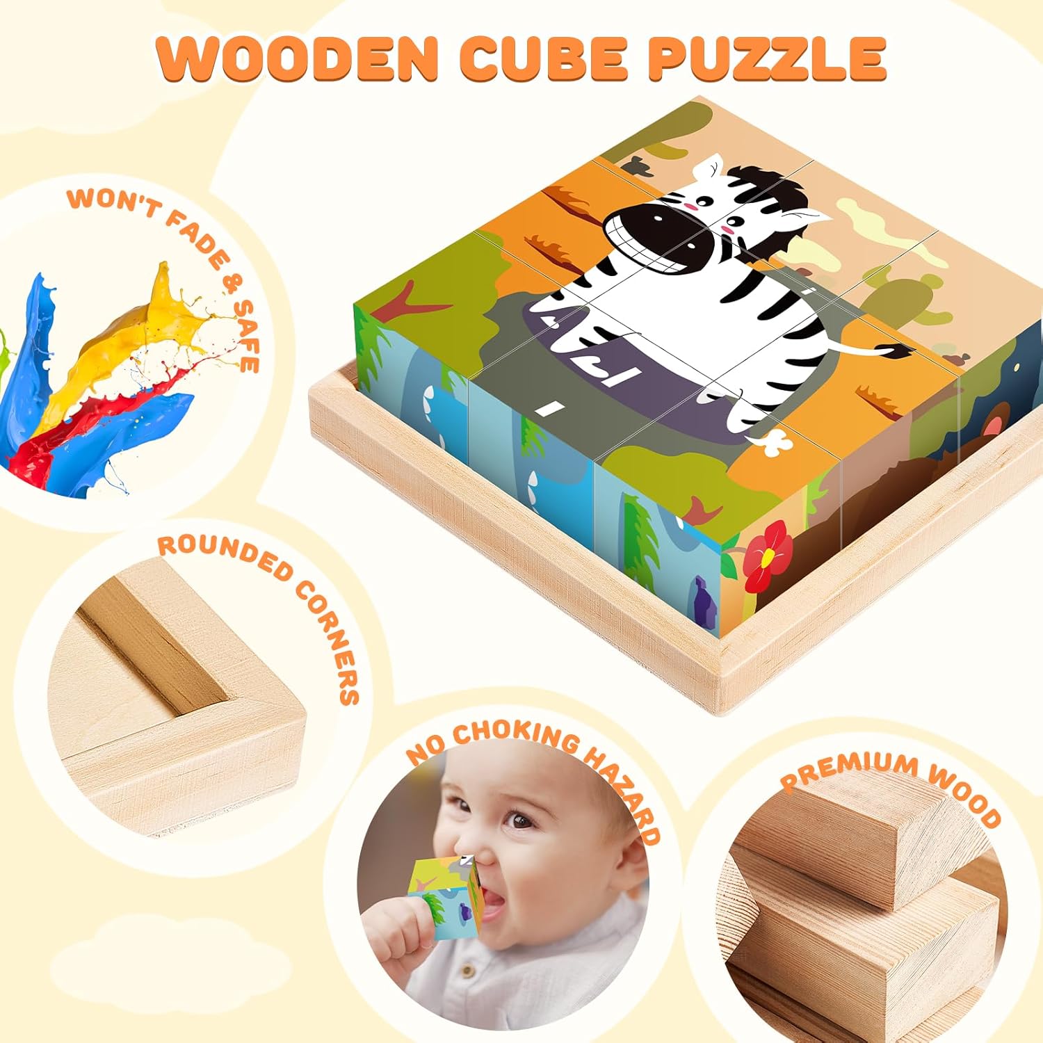 Wooden Jigsaw Puzzle for Kids, 6 in 1 Animal Puzzle 3D Wooden Cube Block Toys for Toddlers Over 1 2 3 Year Olds, Baby Montessori Preschool Educational Learning Toys, Children Handmade Toys-2