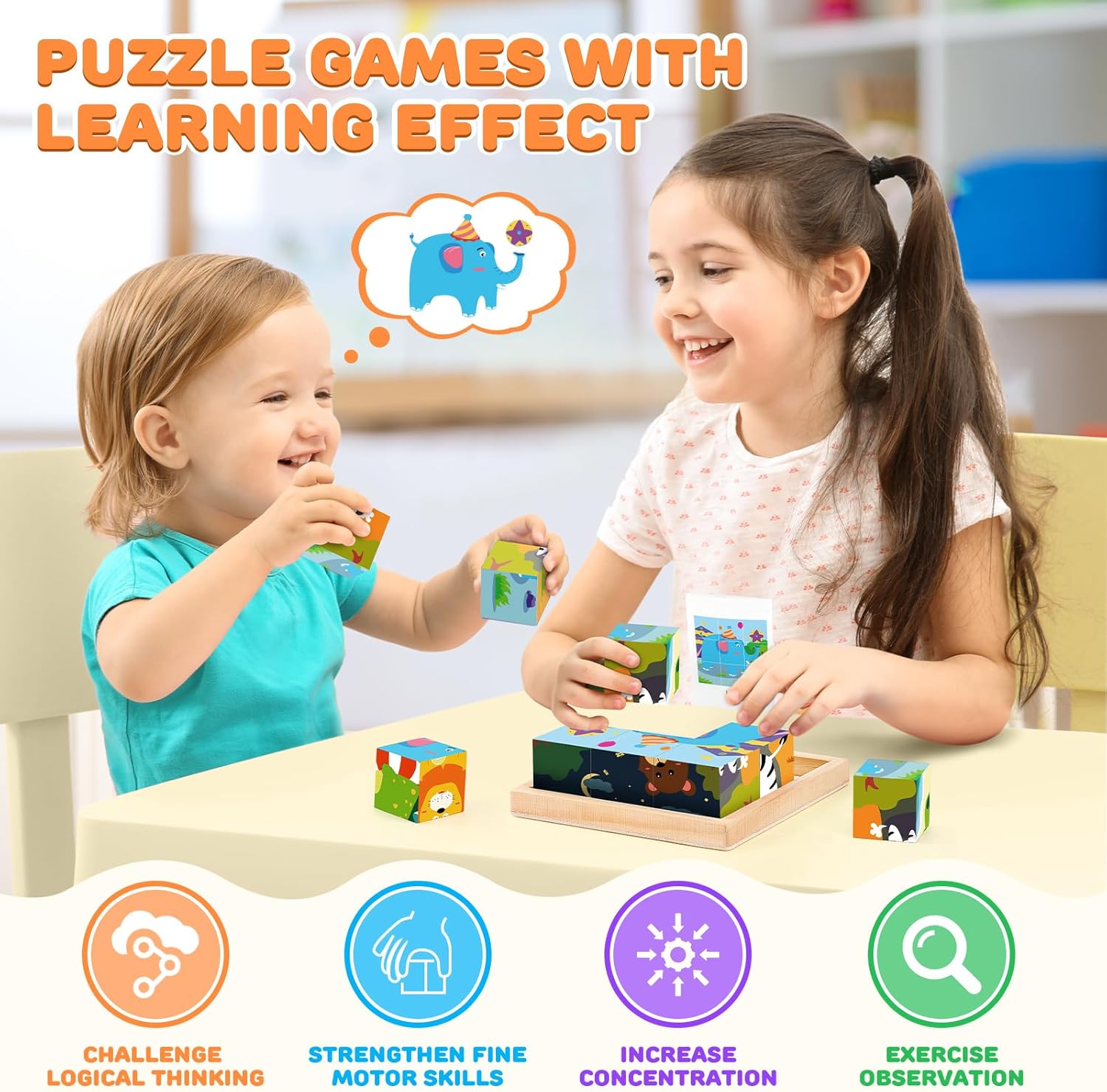 Wooden Jigsaw Puzzle for Kids, 6 in 1 Animal Puzzle 3D Wooden Cube Block Toys for Toddlers Over 1 2 3 Year Olds, Baby Montessori Preschool Educational Learning Toys, Children Handmade Toys-3