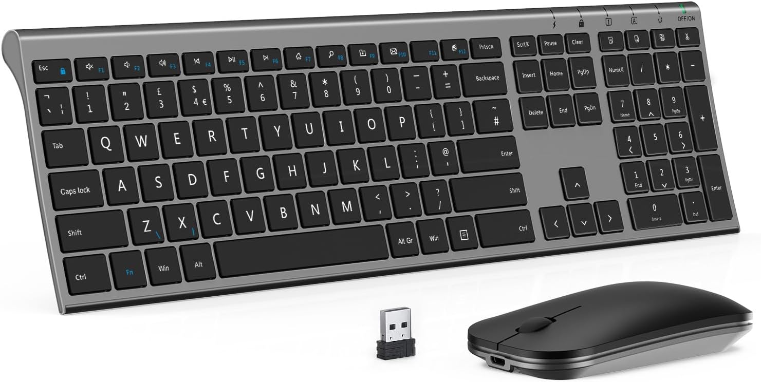 Rechargeable Wireless Keyboard and Mouse Set, seenda Ultra Slim Silent USB keyboard Mouse, Full Size Keyboard with Number Pad QWERTY UK Layout for Windows PC Laptop Desktop Computer, Black and Gray-0