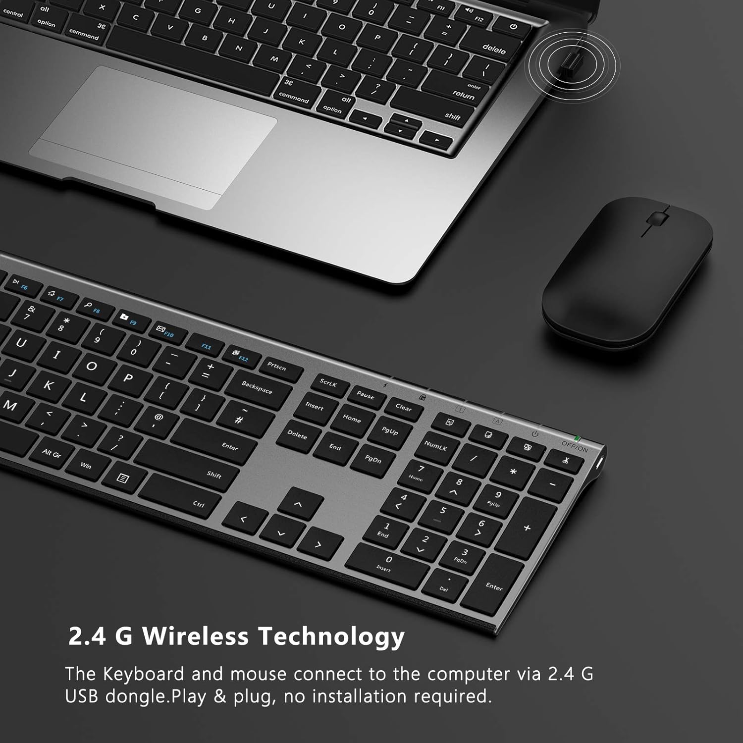 Rechargeable Wireless Keyboard and Mouse Set, seenda Ultra Slim Silent USB keyboard Mouse, Full Size Keyboard with Number Pad QWERTY UK Layout for Windows PC Laptop Desktop Computer, Black and Gray-1