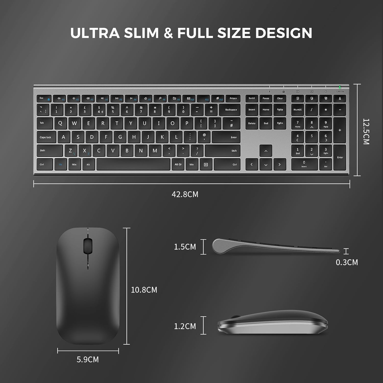 Rechargeable Wireless Keyboard and Mouse Set, seenda Ultra Slim Silent USB keyboard Mouse, Full Size Keyboard with Number Pad QWERTY UK Layout for Windows PC Laptop Desktop Computer, Black and Gray-3