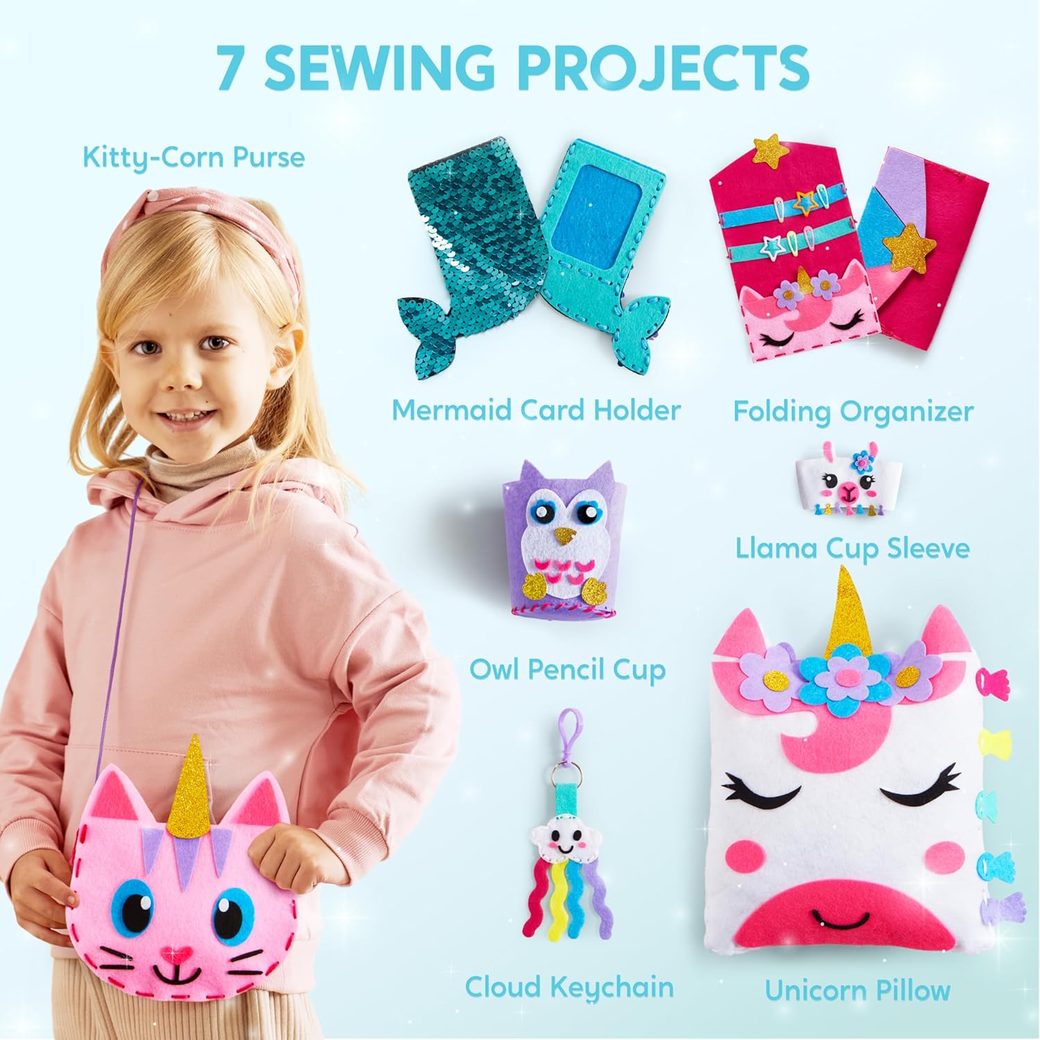 Klever Kits My First Felt Sewing Kit for Kids Age 6+, Beginner Art & Craft,7 Easy DIY Wildlife Artworks of Unicorn Pillow and Mermaid Card Holder, Keyring Charms, Sew DIY Felt Craft Kits Birthday Gift-1