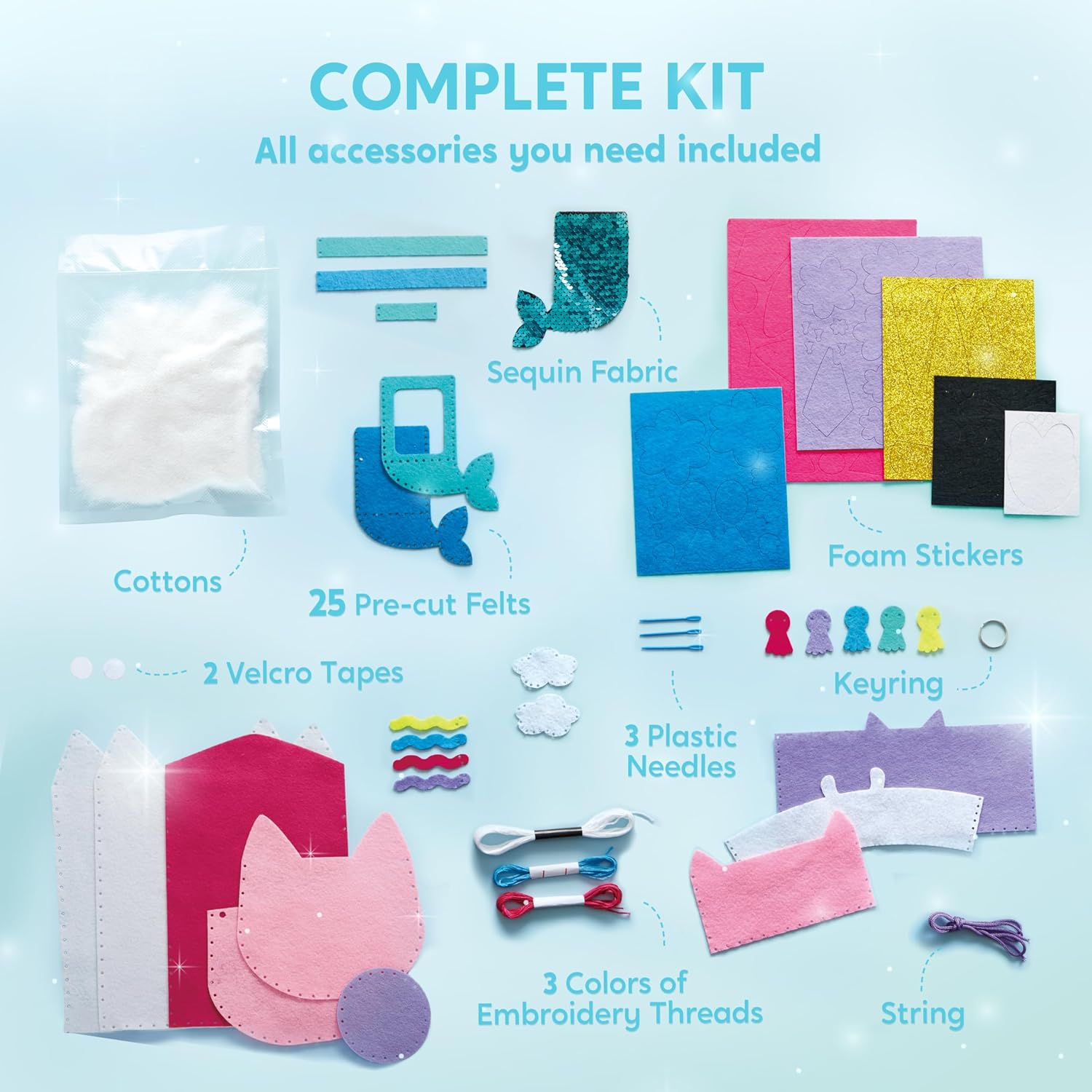 Klever Kits My First Felt Sewing Kit for Kids Age 6+, Beginner Art & Craft,7 Easy DIY Wildlife Artworks of Unicorn Pillow and Mermaid Card Holder, Keyring Charms, Sew DIY Felt Craft Kits Birthday Gift-3