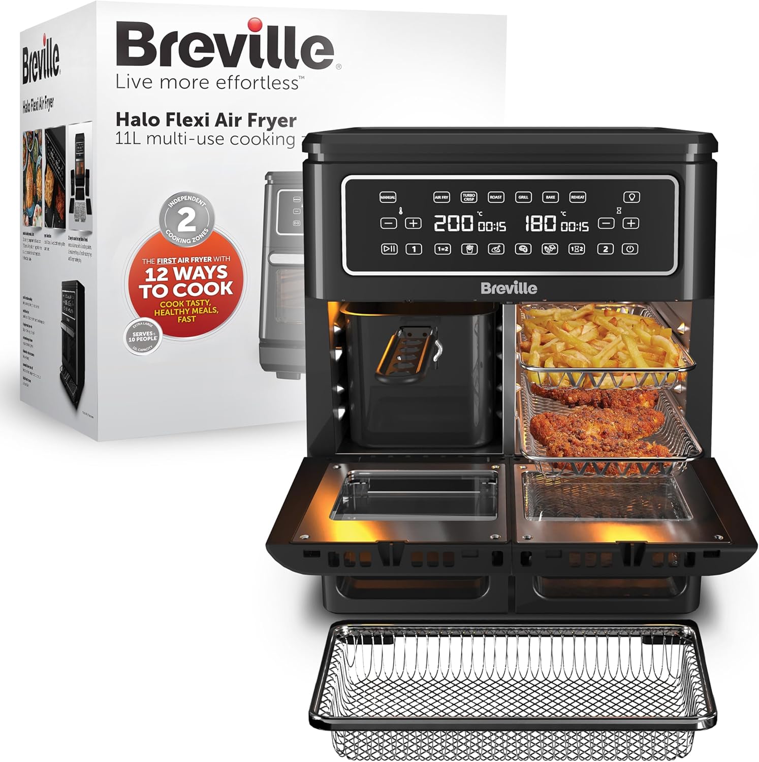 Breville Halo Flexi Air Fryer & Large Mesh Tray | Digital Dual Air Fryer Oven | 11L: Serves 10+ | Fry, Bake, Grill, Roast & Reheat | 2400 W | Save £65 a Year on Energy Bills* | Black [VDF138]-0