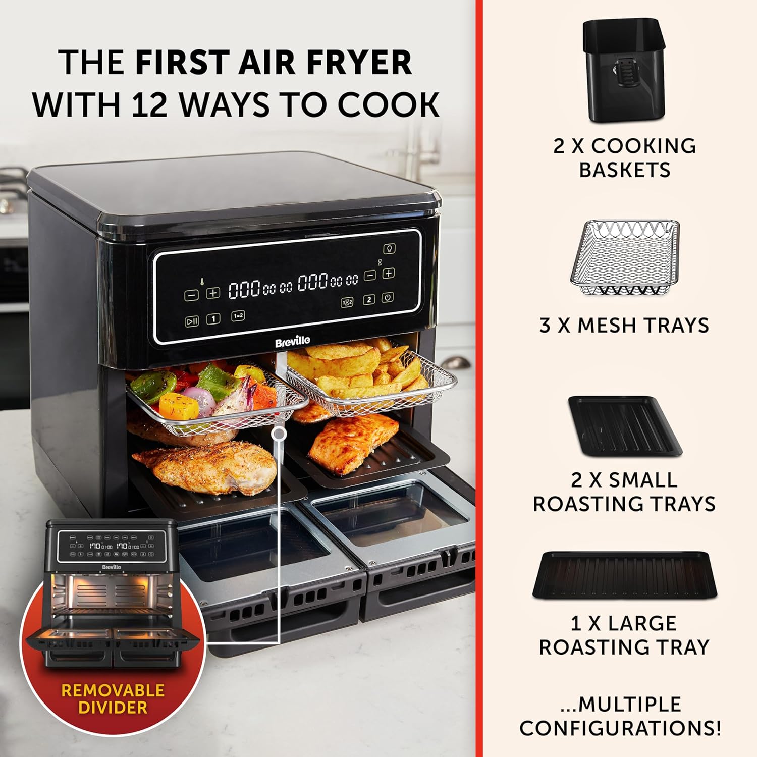 Breville Halo Flexi Air Fryer & Large Mesh Tray | Digital Dual Air Fryer Oven | 11L: Serves 10+ | Fry, Bake, Grill, Roast & Reheat | 2400 W | Save £65 a Year on Energy Bills* | Black [VDF138]-1