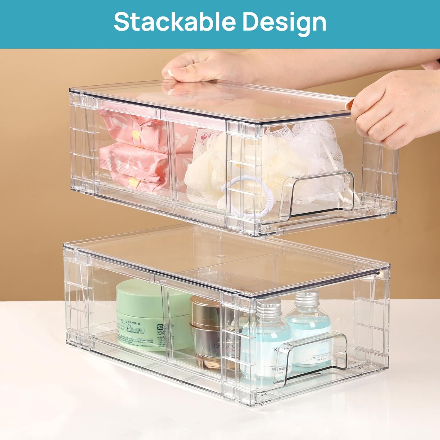 Vtopmart 4 Pack Stackable Storage Drawers,Clear Acrylic Drawer Organizers with Handles, Easily Assemble Containers for Fridge, Bathroom,Kitchen Undersink,Cabinet,Pantry organization and Storage-2