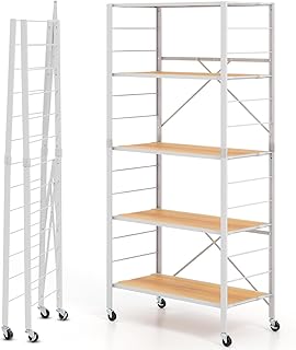 TANGZON 3/4/5 Tiers Foldable Shelving Unit, Metal Frame Adjustable Rolling Storage Cart with Wheels & Anti-tipping Device, Standing Racking Shelves for Kitchen Living Room (White+Natural, 5-Tier)