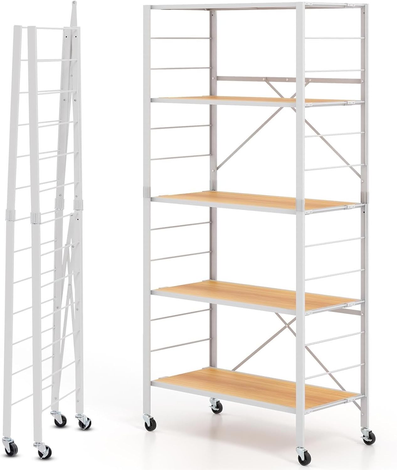 TANGZON 3/4/5 Tiers Foldable Shelving Unit, Metal Frame Adjustable Rolling Storage Cart with Wheels & Anti-tipping Device, Standing Racking Shelves for Kitchen Living Room (White+Natural, 5-Tier)-0