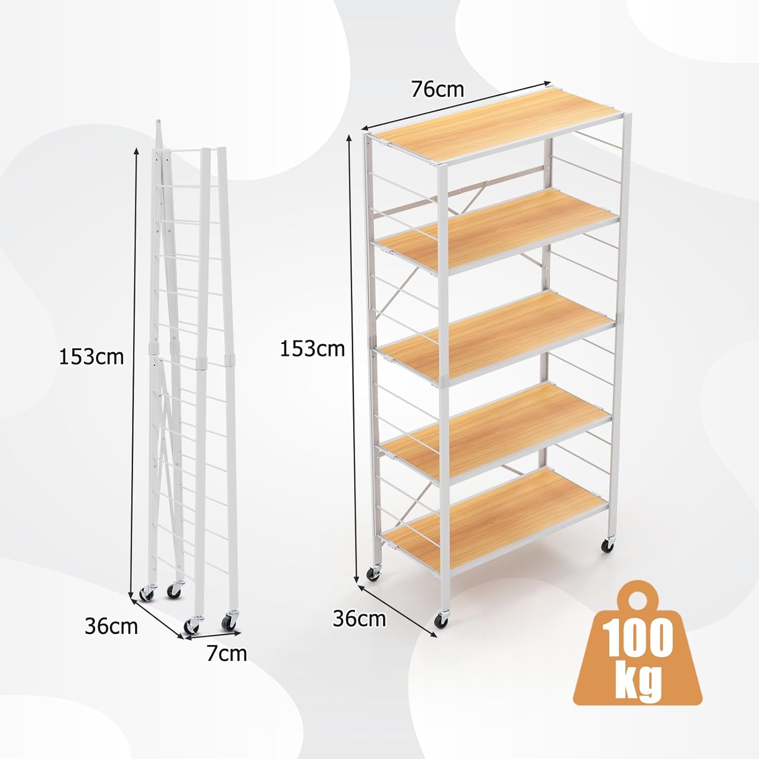 TANGZON 3/4/5 Tiers Foldable Shelving Unit, Metal Frame Adjustable Rolling Storage Cart with Wheels & Anti-tipping Device, Standing Racking Shelves for Kitchen Living Room (White+Natural, 5-Tier)-2