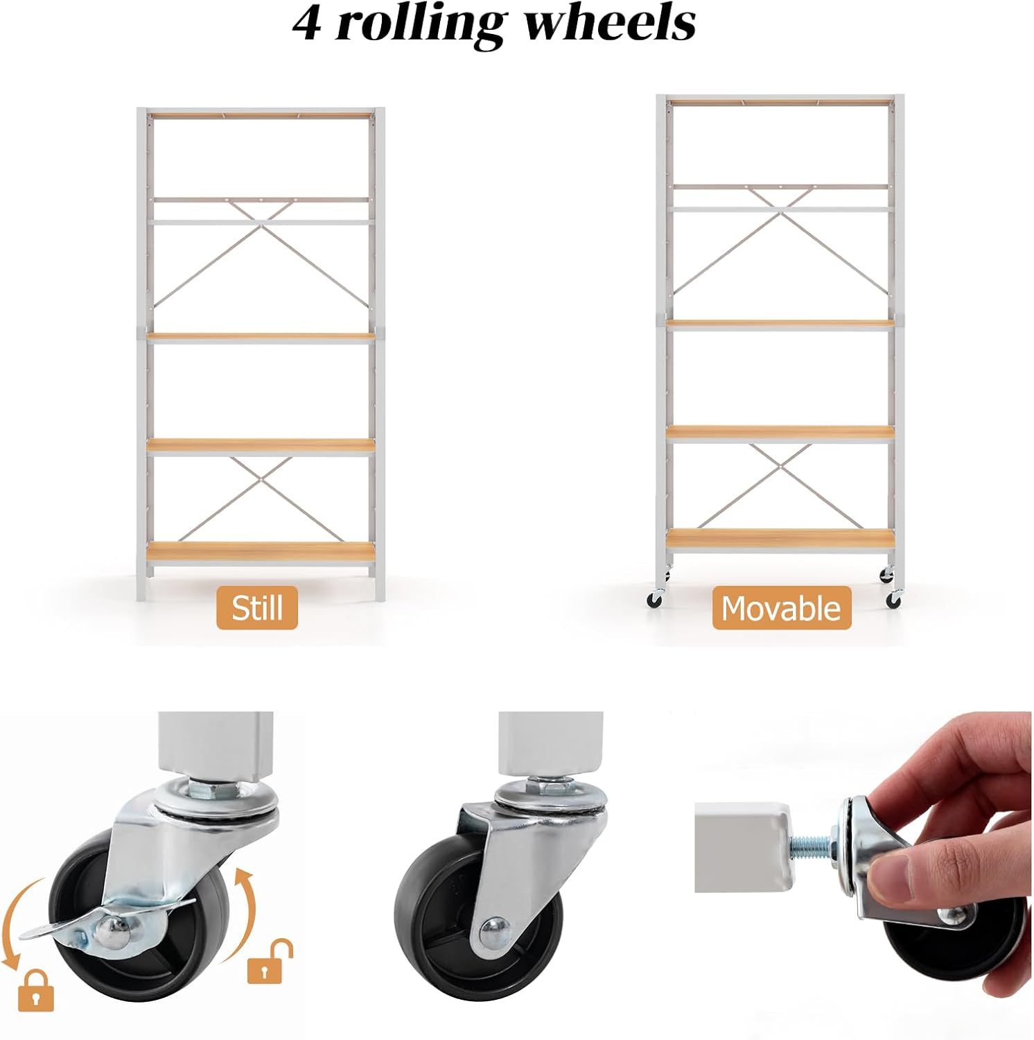 TANGZON 3/4/5 Tiers Foldable Shelving Unit, Metal Frame Adjustable Rolling Storage Cart with Wheels & Anti-tipping Device, Standing Racking Shelves for Kitchen Living Room (White+Natural, 5-Tier)-4