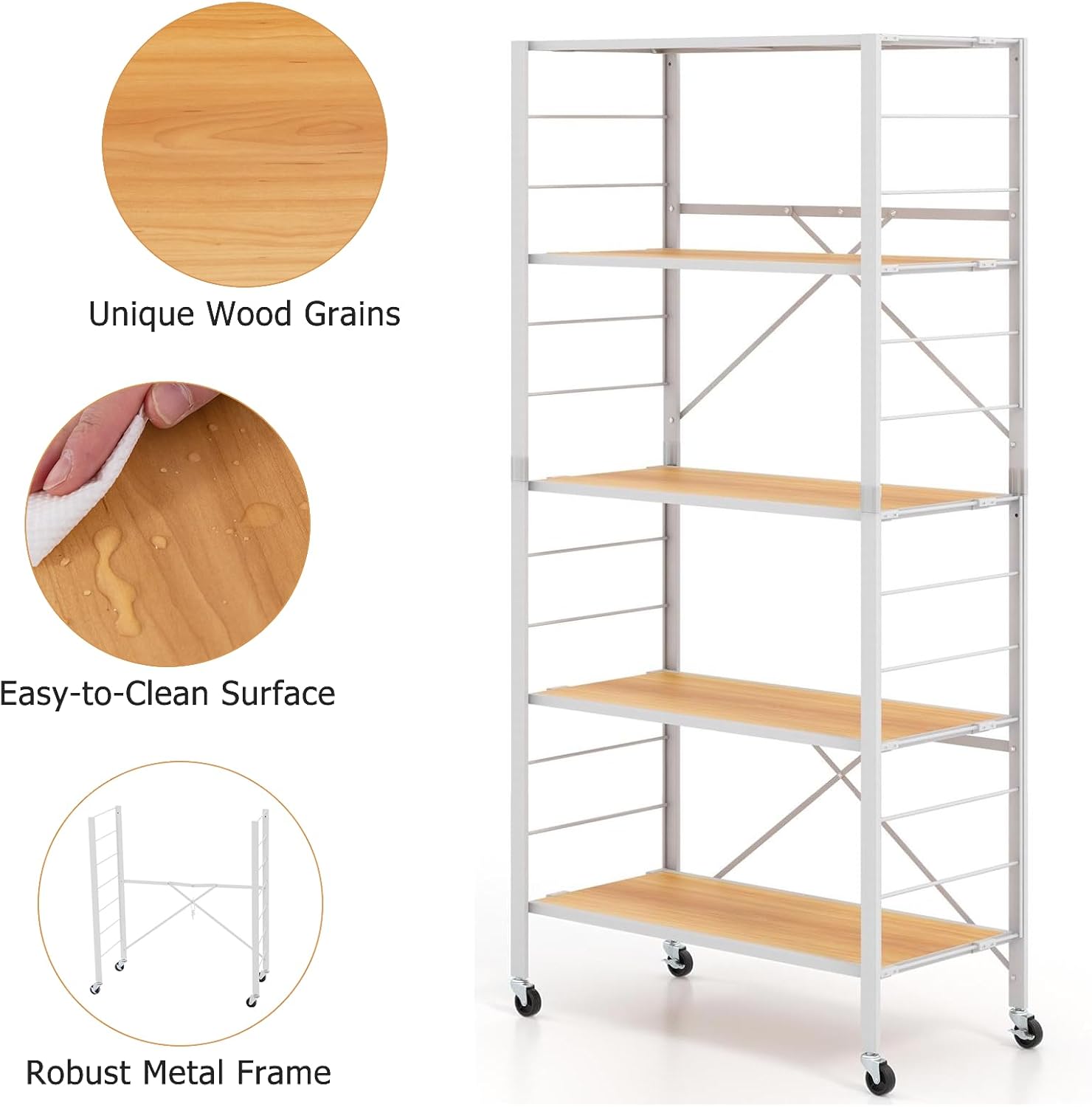 TANGZON 3/4/5 Tiers Foldable Shelving Unit, Metal Frame Adjustable Rolling Storage Cart with Wheels & Anti-tipping Device, Standing Racking Shelves for Kitchen Living Room (White+Natural, 5-Tier)-5