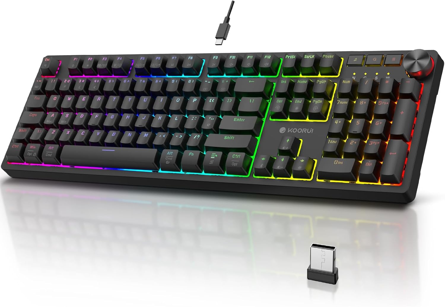 KOORUI Gaming Keyboards, 26 RGB Backlit Full Size Mechanical Keyboard Wireless/Wired Compatible Bluetooth 104 Keys Rechargeable 1900mAh Battery UK Layout Gamer Keyboards for Windows MacOS Linux-0