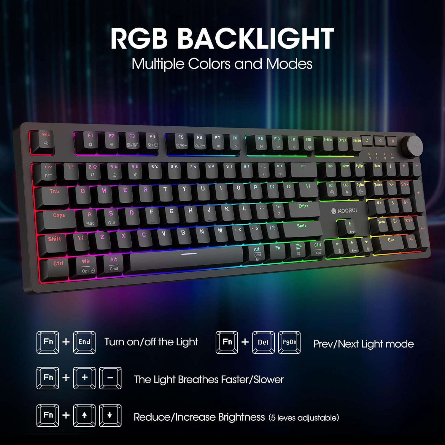 KOORUI Gaming Keyboards, 26 RGB Backlit Full Size Mechanical Keyboard Wireless/Wired Compatible Bluetooth 104 Keys Rechargeable 1900mAh Battery UK Layout Gamer Keyboards for Windows MacOS Linux-1