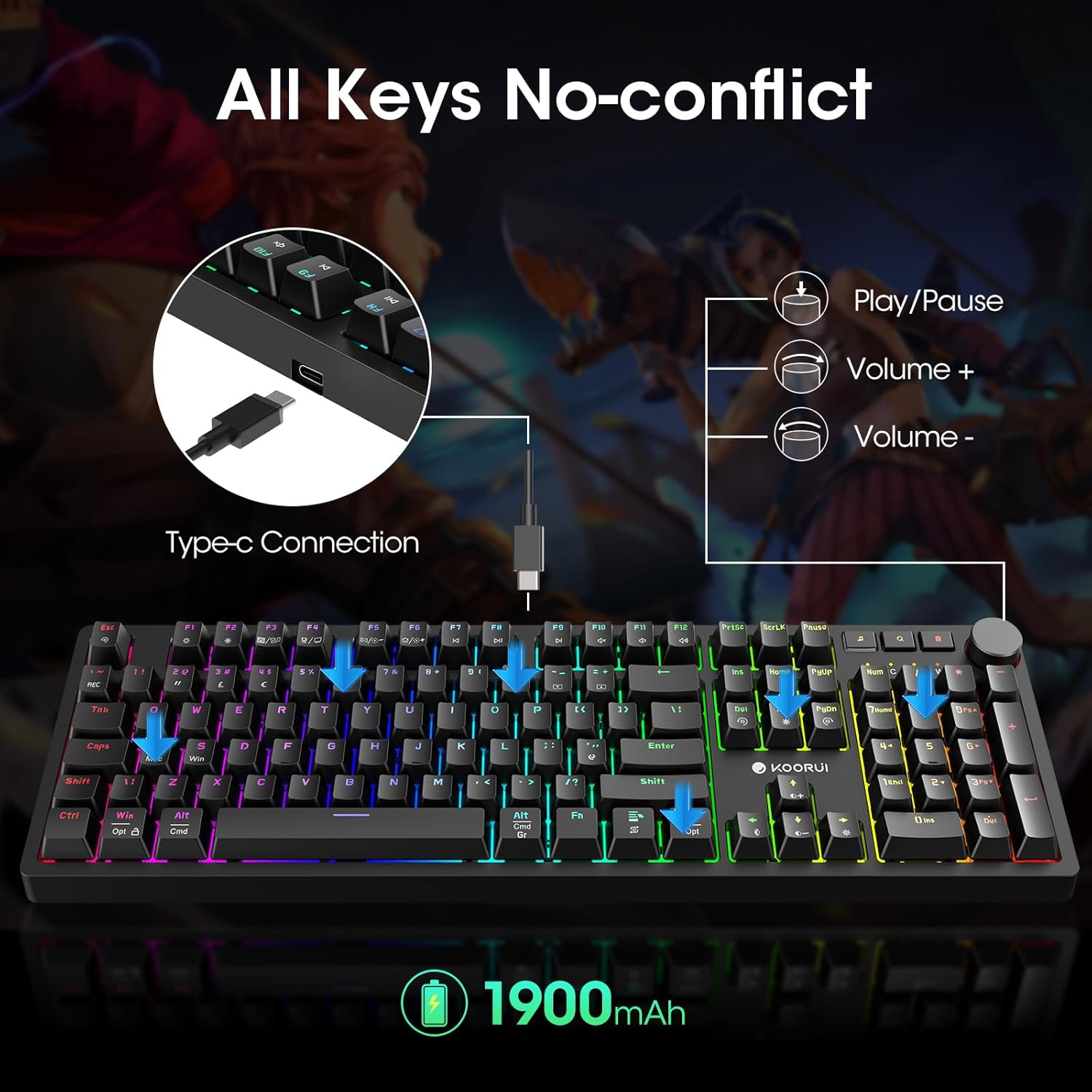 KOORUI Gaming Keyboards, 26 RGB Backlit Full Size Mechanical Keyboard Wireless/Wired Compatible Bluetooth 104 Keys Rechargeable 1900mAh Battery UK Layout Gamer Keyboards for Windows MacOS Linux-3