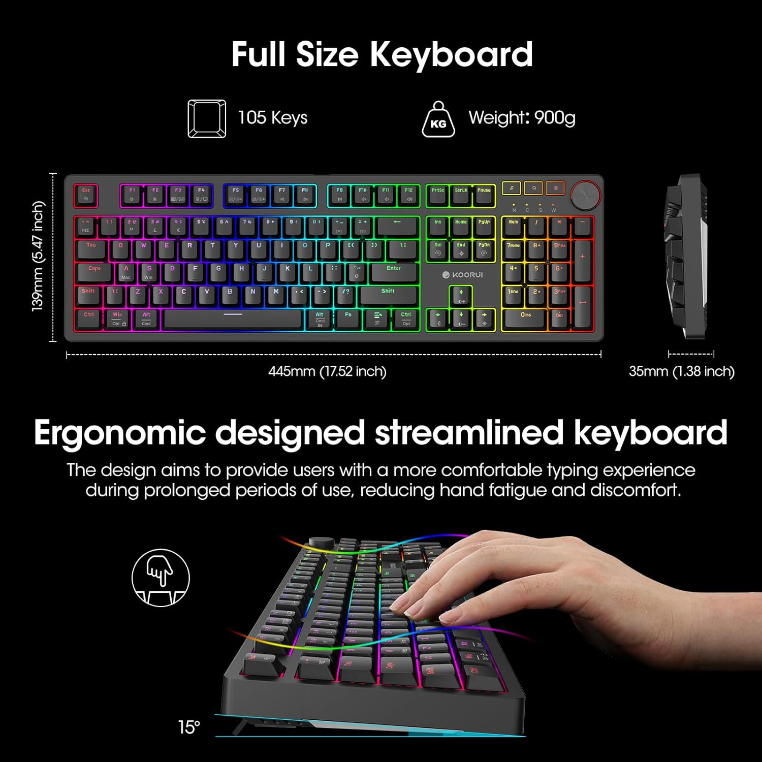 KOORUI Gaming Keyboards, 26 RGB Backlit Full Size Mechanical Keyboard Wireless/Wired Compatible Bluetooth 104 Keys Rechargeable 1900mAh Battery UK Layout Gamer Keyboards for Windows MacOS Linux-4