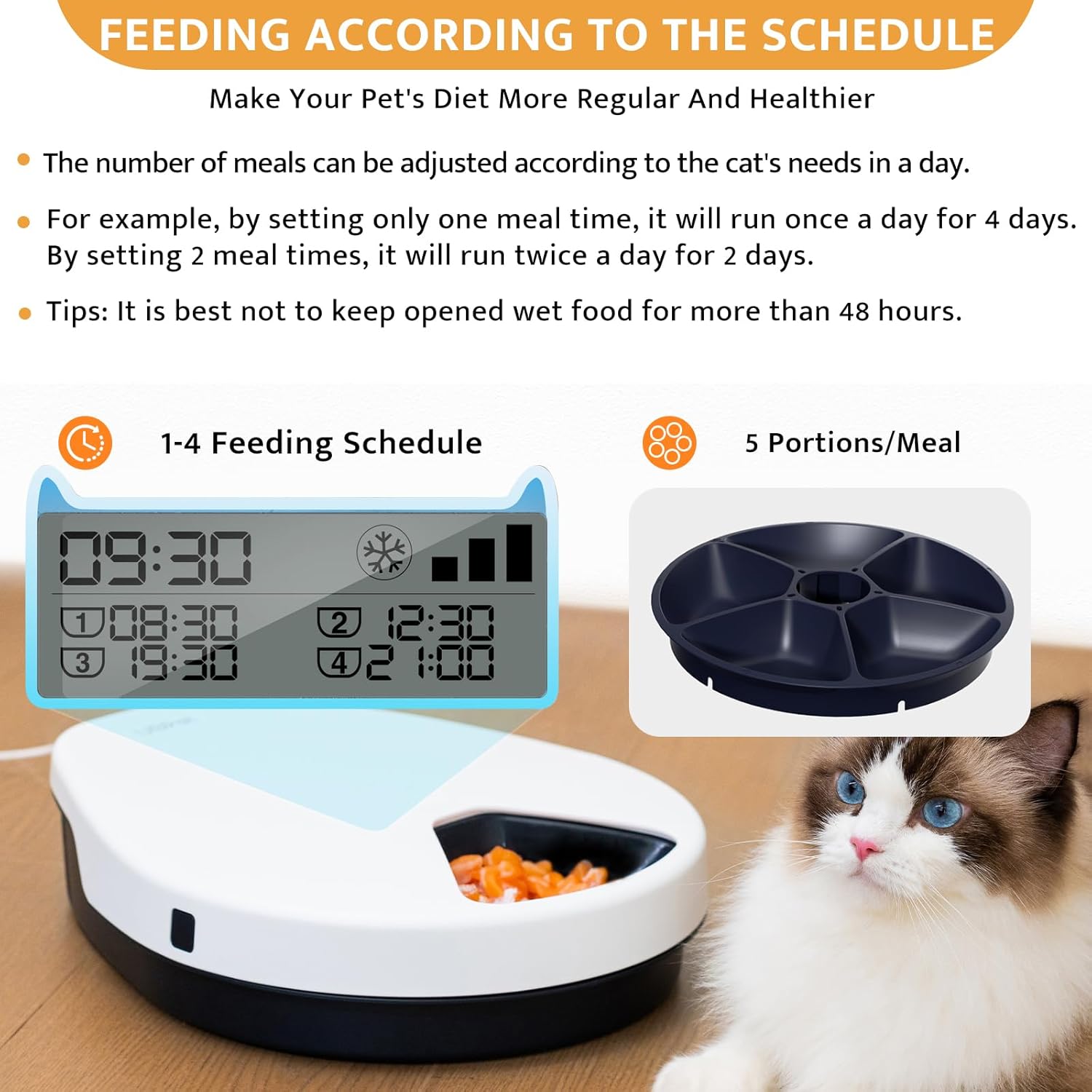 UBPET Automatic Cat Feeder Wet Food with Cooling, Semiconductor Refrigeration, with Timer, 5 Food Compartments for 330g Pet Food Each, Premium Meal Plates, Washable, for Cats Dogs-2