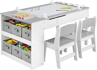 Maxmass 2-in-1 Kids Art Table and Chair Set, Children Lift-top Wooden Craft Table with 2-Tier Open Shelf, Paper Roll, 6 Storage Boxes, Toddler Play Table for Drawing, Learning (Gray, 5 Cups)