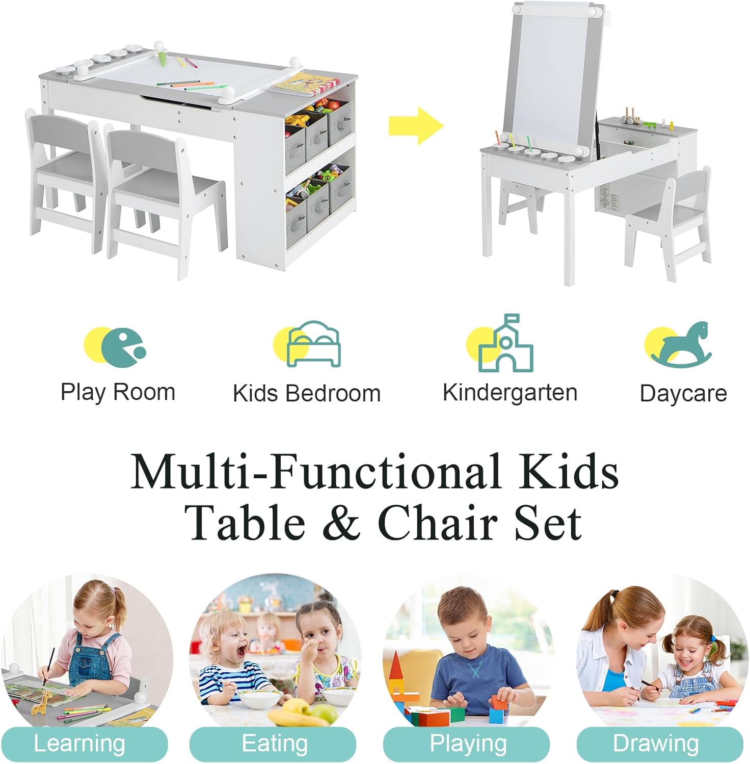 Maxmass 2-in-1 Kids Art Table and Chair Set, Children Lift-top Wooden Craft Table with 2-Tier Open Shelf, Paper Roll, 6 Storage Boxes, Toddler Play Table for Drawing, Learning (Gray, 5 Cups)-1