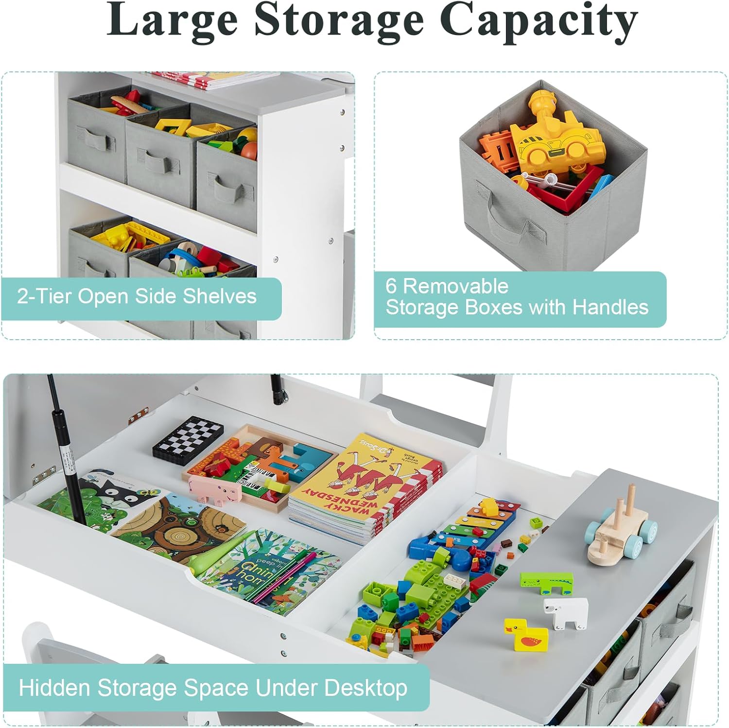 Maxmass 2-in-1 Kids Art Table and Chair Set, Children Lift-top Wooden Craft Table with 2-Tier Open Shelf, Paper Roll, 6 Storage Boxes, Toddler Play Table for Drawing, Learning (Gray, 5 Cups)-3