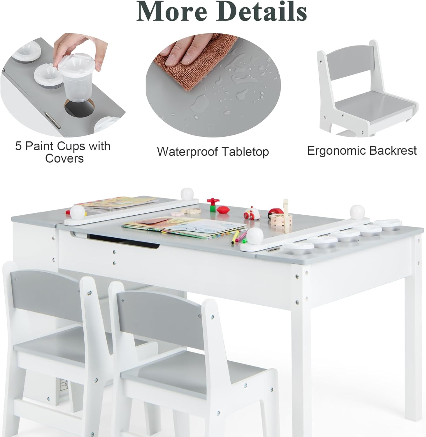 Maxmass 2-in-1 Kids Art Table and Chair Set, Children Lift-top Wooden Craft Table with 2-Tier Open Shelf, Paper Roll, 6 Storage Boxes, Toddler Play Table for Drawing, Learning (Gray, 5 Cups)-4