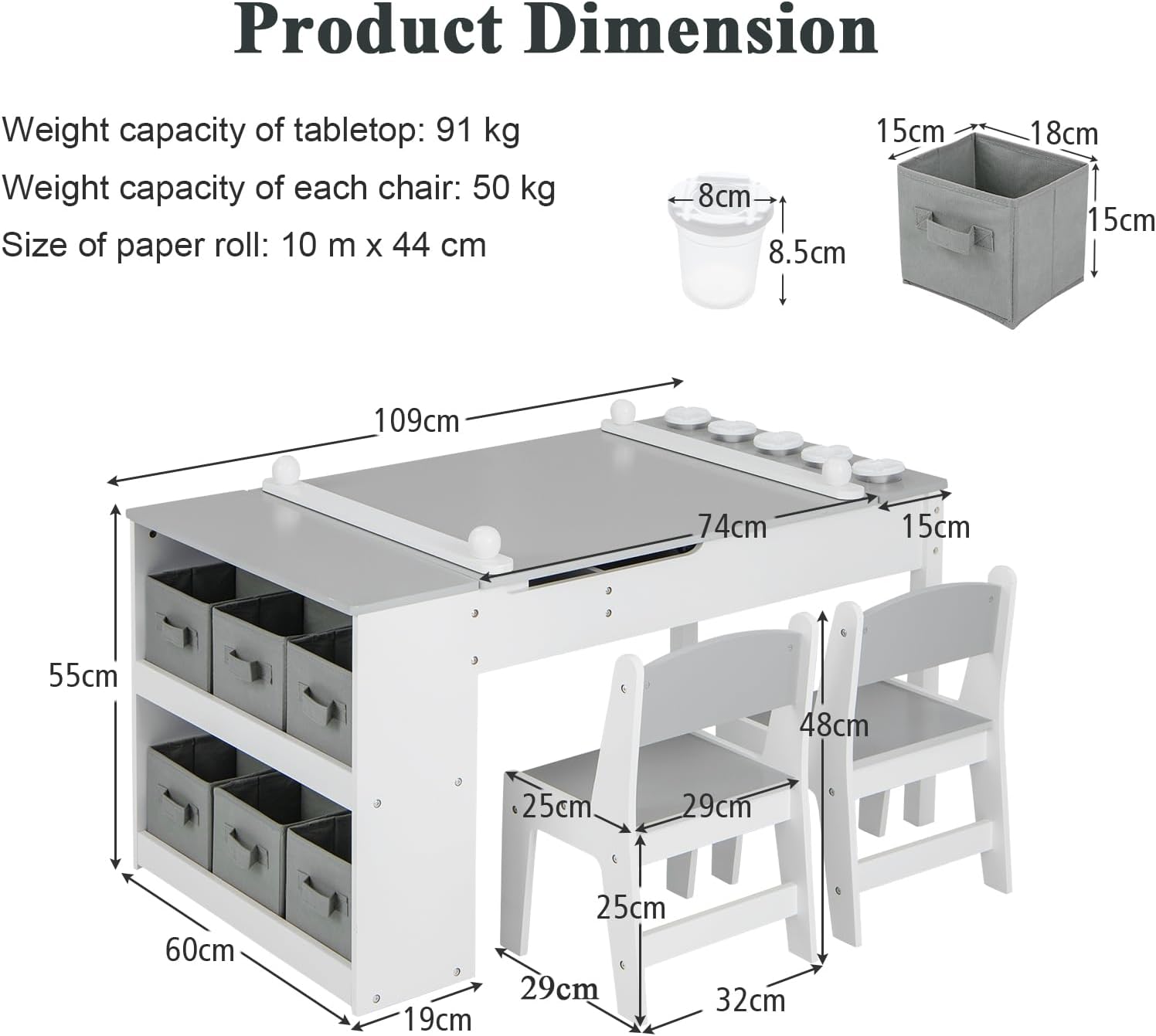 Maxmass 2-in-1 Kids Art Table and Chair Set, Children Lift-top Wooden Craft Table with 2-Tier Open Shelf, Paper Roll, 6 Storage Boxes, Toddler Play Table for Drawing, Learning (Gray, 5 Cups)-6