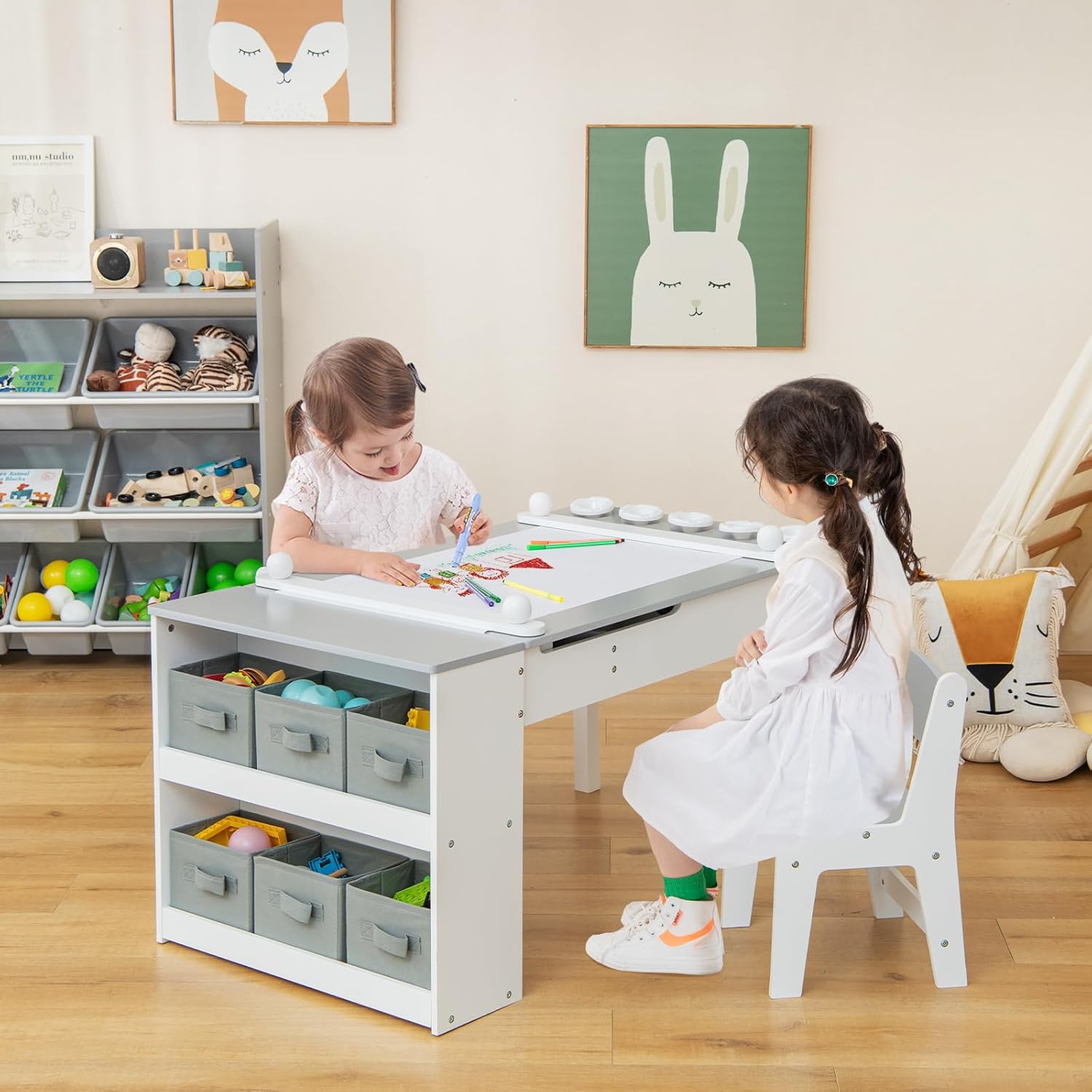 Maxmass 2-in-1 Kids Art Table and Chair Set, Children Lift-top Wooden Craft Table with 2-Tier Open Shelf, Paper Roll, 6 Storage Boxes, Toddler Play Table for Drawing, Learning (Gray, 5 Cups)-7