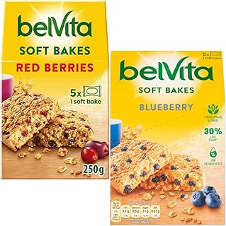 Breakfast Biscuits Bundle With BelVita Breakfast Soft Bakes Red Berries 5 Bars, 250g and Breakfast Soft Bakes Blueberry 5 Bars, 250g (2 Pack)