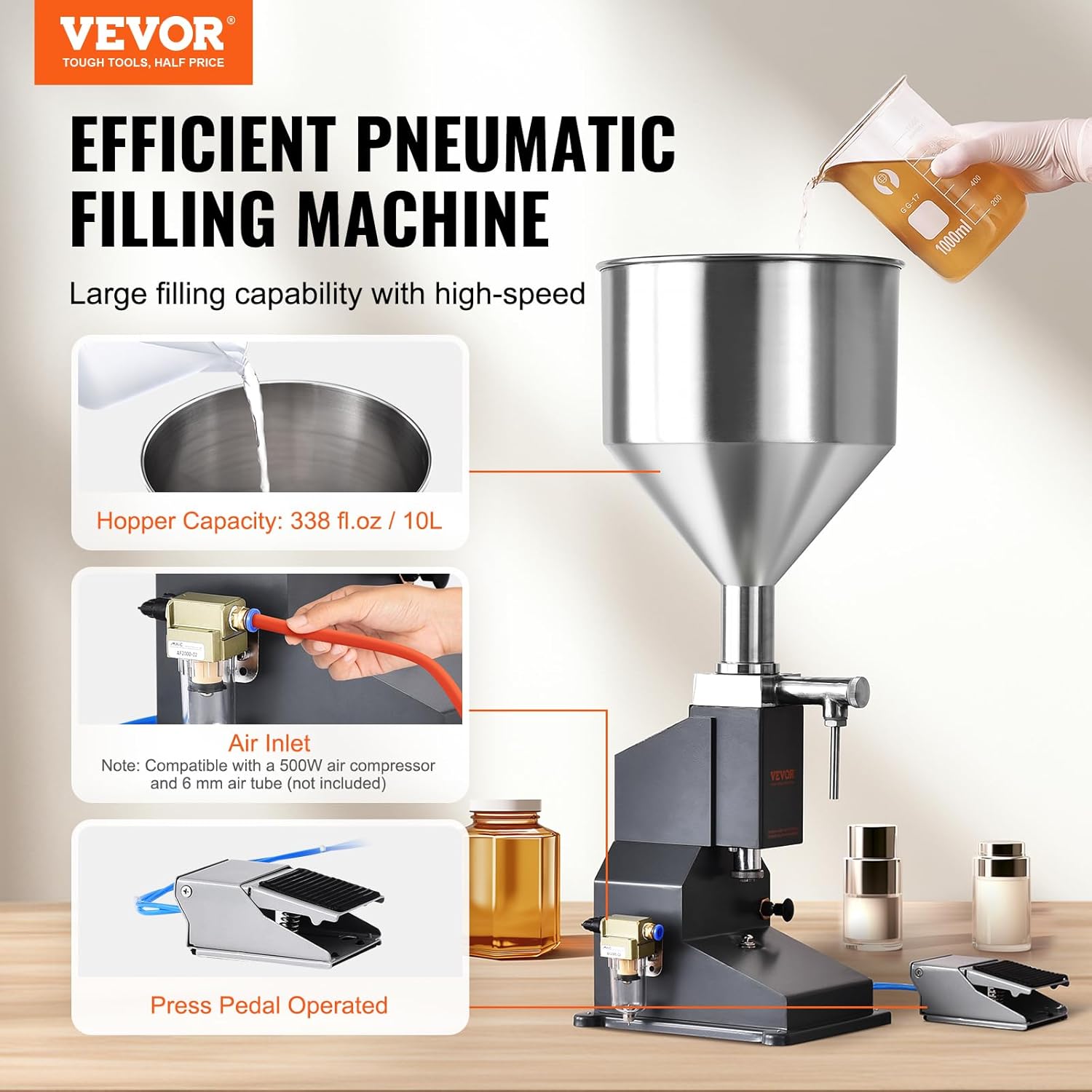 VEVOR Pneumatic Paste Liquid Filling Machine, 5-50ml Bottle Filler, Bottle Filling Machine, Stainless Steel Liquid Filler with Pedal for Milk Water Juice Essential Oil Shampoo Cosmetic Honey Lotion-1