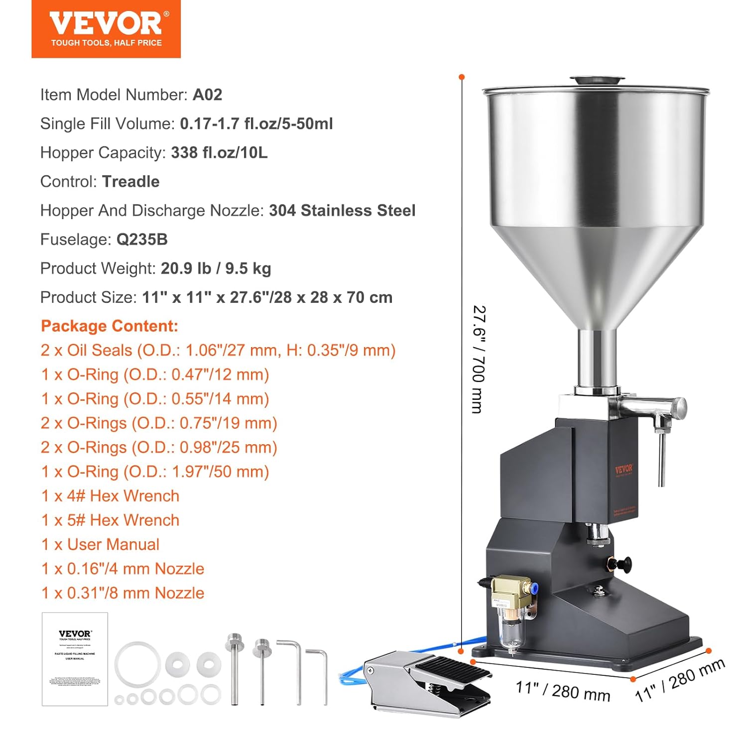 VEVOR Pneumatic Paste Liquid Filling Machine, 5-50ml Bottle Filler, Bottle Filling Machine, Stainless Steel Liquid Filler with Pedal for Milk Water Juice Essential Oil Shampoo Cosmetic Honey Lotion-6