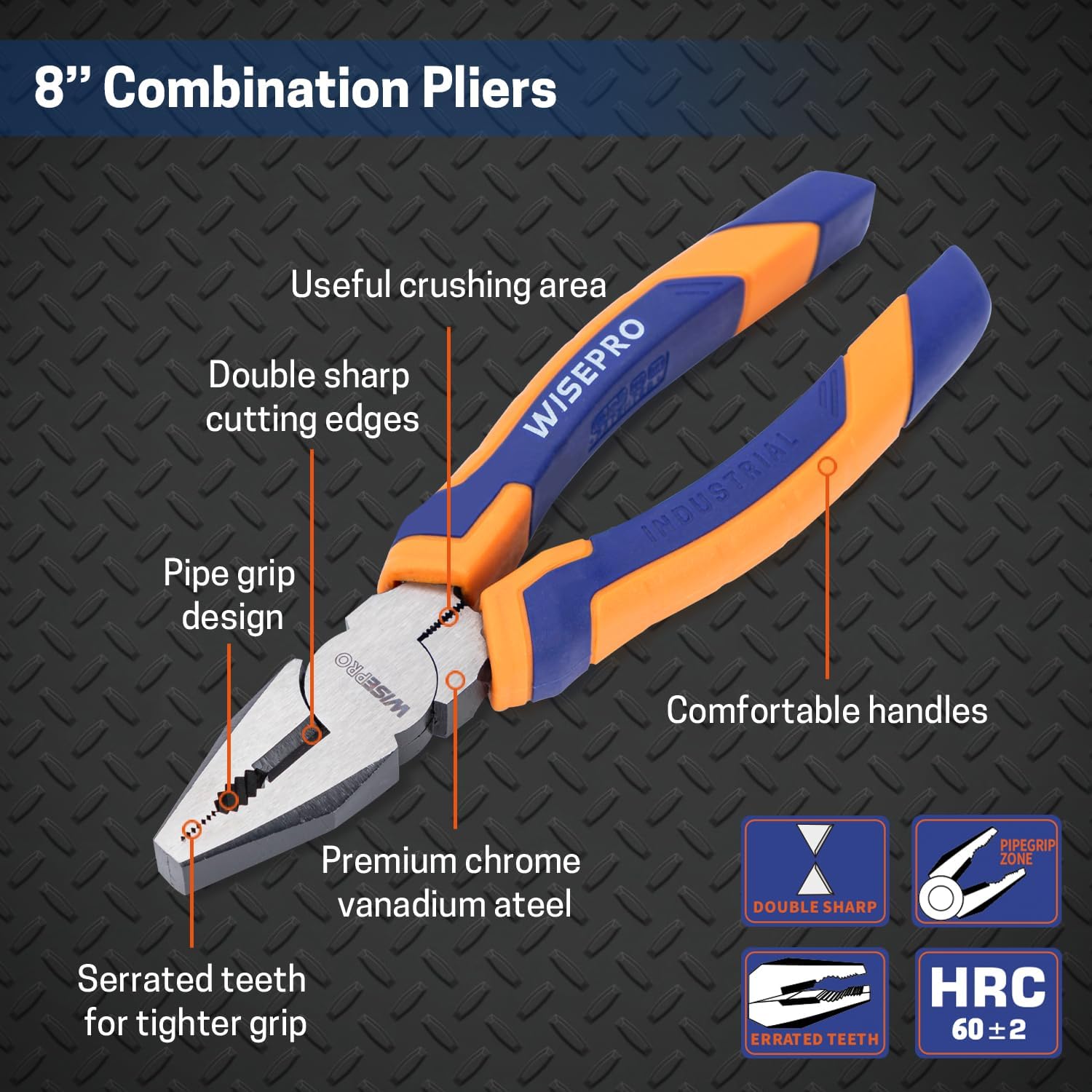 WISEPRO Combination Pliers 200mm, Multifunction Pliers with Wire Cutting/Crimping/Wire Twisting and Screw Extractor, 6" 7" 8" Lineman Pliers (8")-2