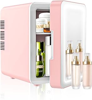 Suewidfay Mini Fridge for Bedrooms 4L, Skincare Fridge with LED Mirror 3 Adjustable Pink Mini Fridge, Cooler Warmer AC DC Power Car Fridge 12v Beauty Fridge for Travel Cosmetics Drinks