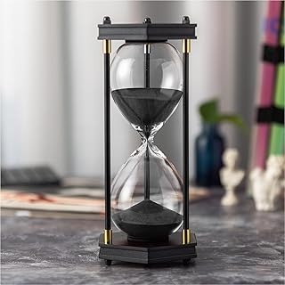 ELAINESTORE Hourglass Timer 60 Minute, Hexagon Wooden Frame Decorative Sand Timer (Black Sand, Large Size)