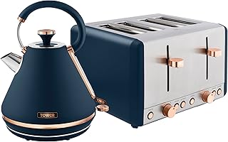 Tower Cavaletto Kitchen Set, 1.7L Rapid Boil Kettle & 4 Slice Toaster, Midnight Blue and Rose Gold, T10044MNB, T20051MNB