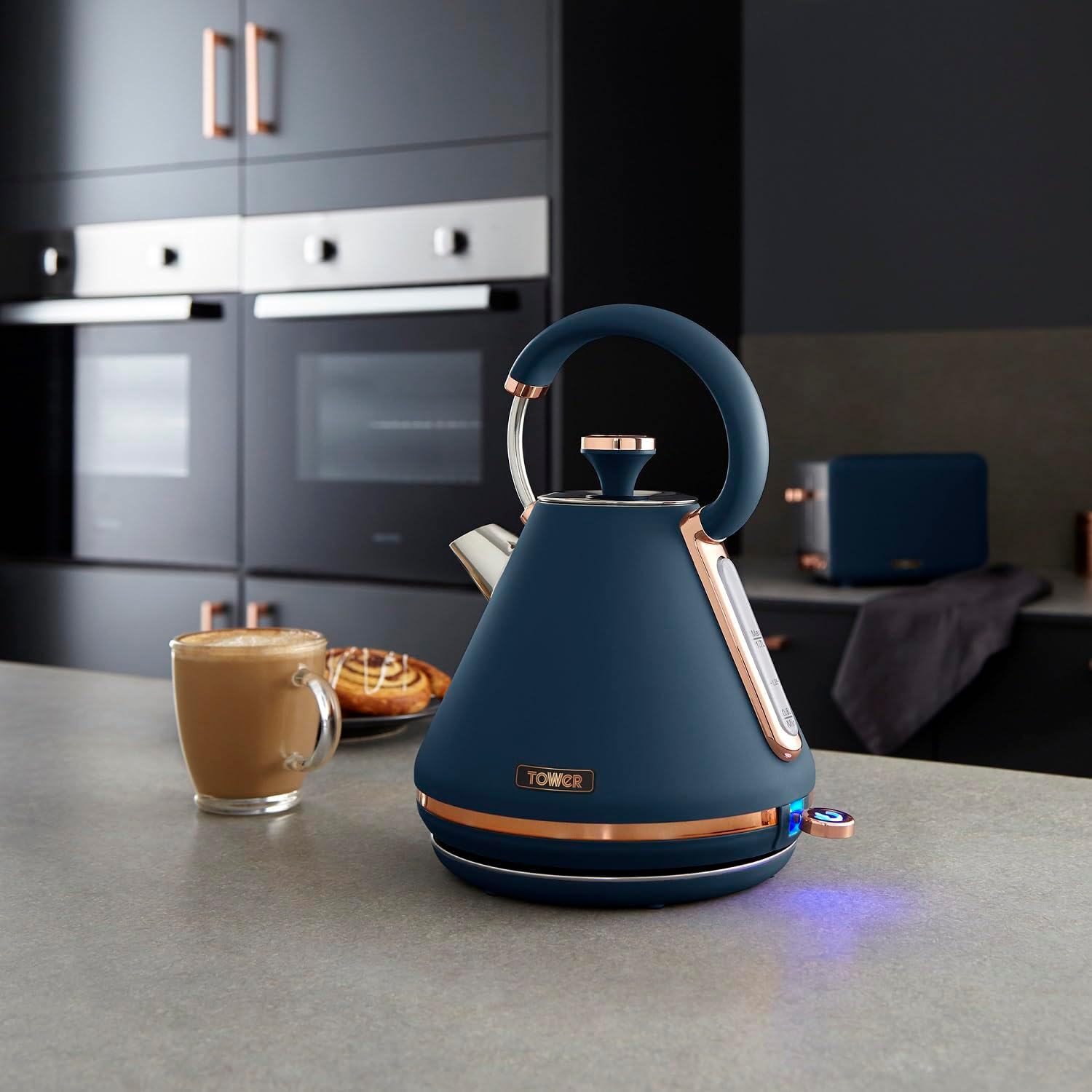 Tower Cavaletto Kitchen Set, 1.7L Rapid Boil Kettle & 4 Slice Toaster, Midnight Blue and Rose Gold, T10044MNB, T20051MNB-1