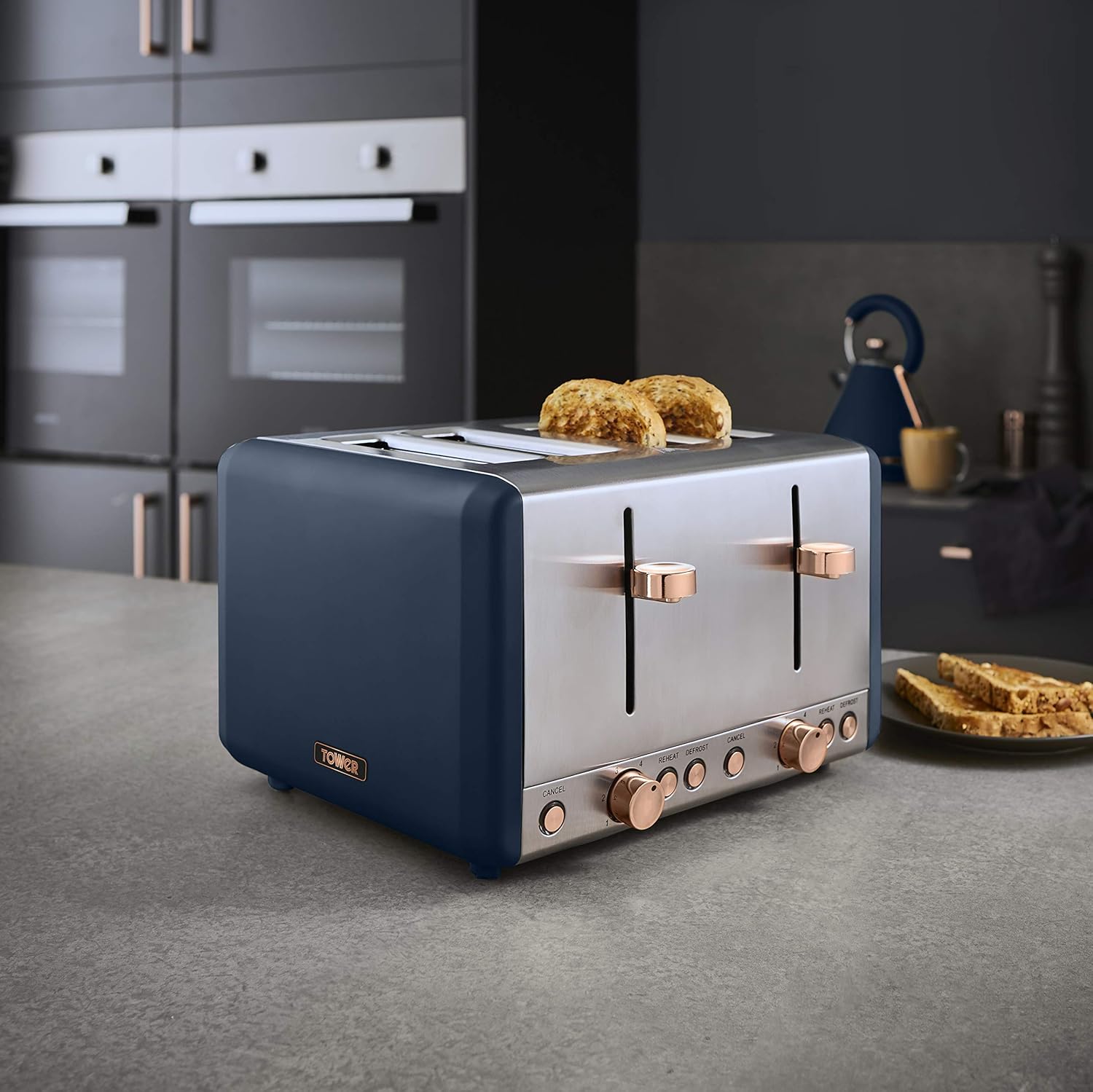 Tower Cavaletto Kitchen Set, 1.7L Rapid Boil Kettle & 4 Slice Toaster, Midnight Blue and Rose Gold, T10044MNB, T20051MNB-2