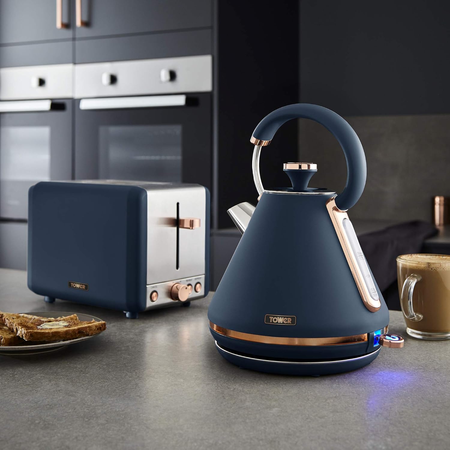 Tower Cavaletto Kitchen Set, 1.7L Rapid Boil Kettle & 4 Slice Toaster, Midnight Blue and Rose Gold, T10044MNB, T20051MNB-6