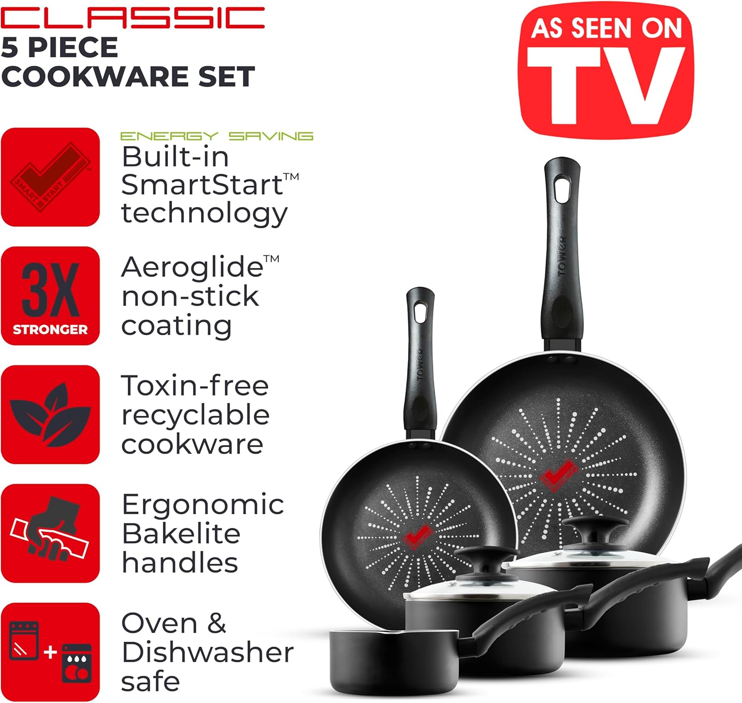 Tower T700304 SmartStart Classic 5 Piece Cookware Set with Easy Clean Aeroglide Non-Stick Coating, Oven Safe, Long Lasting, PFOA Free, Black-1