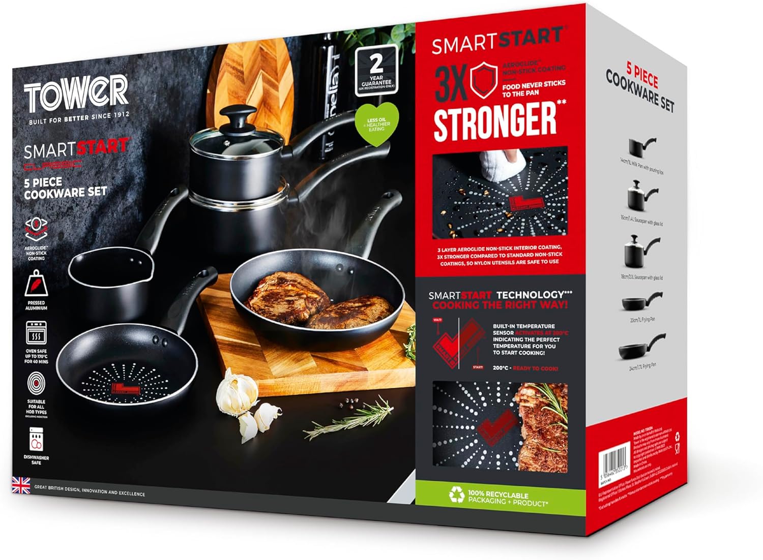 Tower T700304 SmartStart Classic 5 Piece Cookware Set with Easy Clean Aeroglide Non-Stick Coating, Oven Safe, Long Lasting, PFOA Free, Black-12