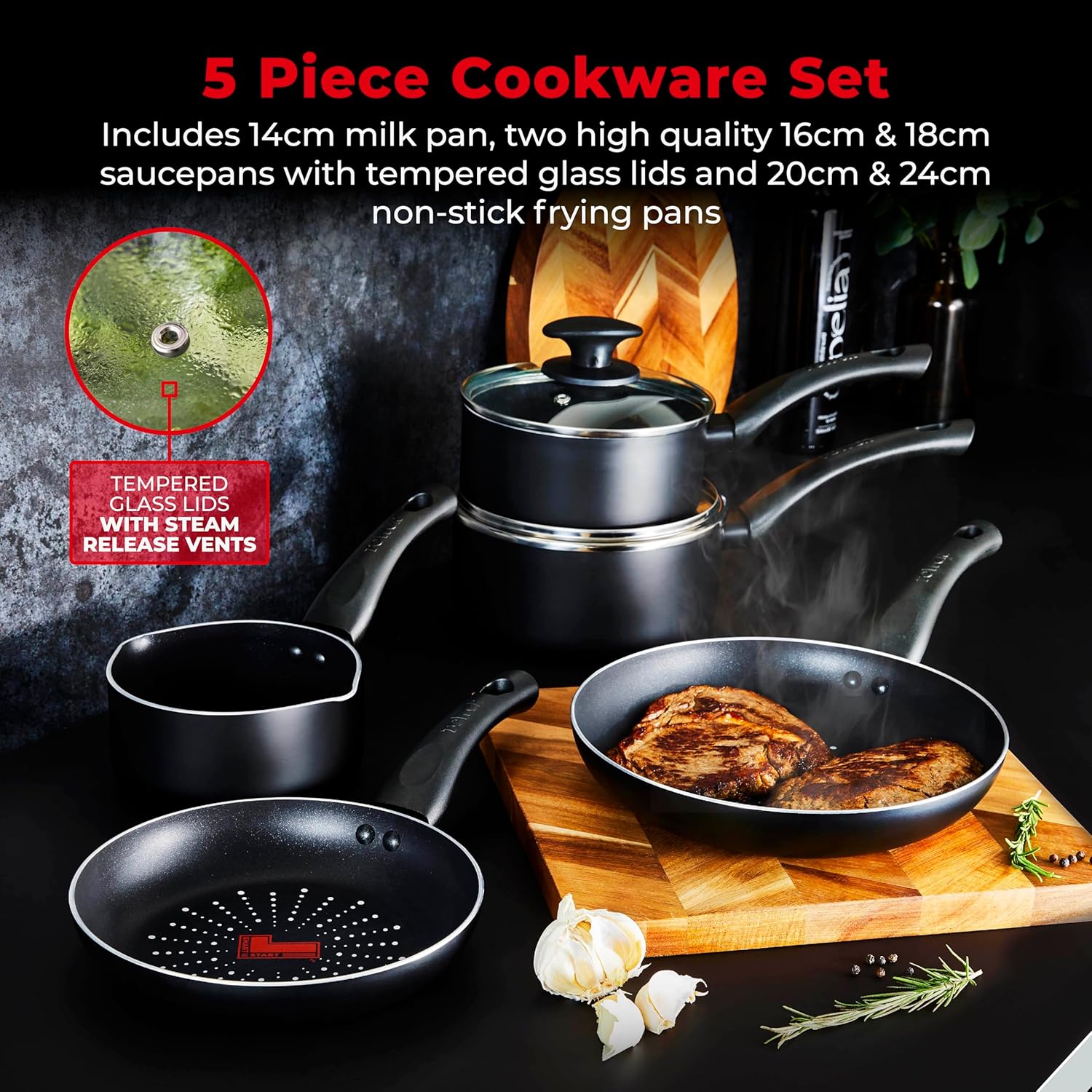 Tower T700304 SmartStart Classic 5 Piece Cookware Set with Easy Clean Aeroglide Non-Stick Coating, Oven Safe, Long Lasting, PFOA Free, Black-2